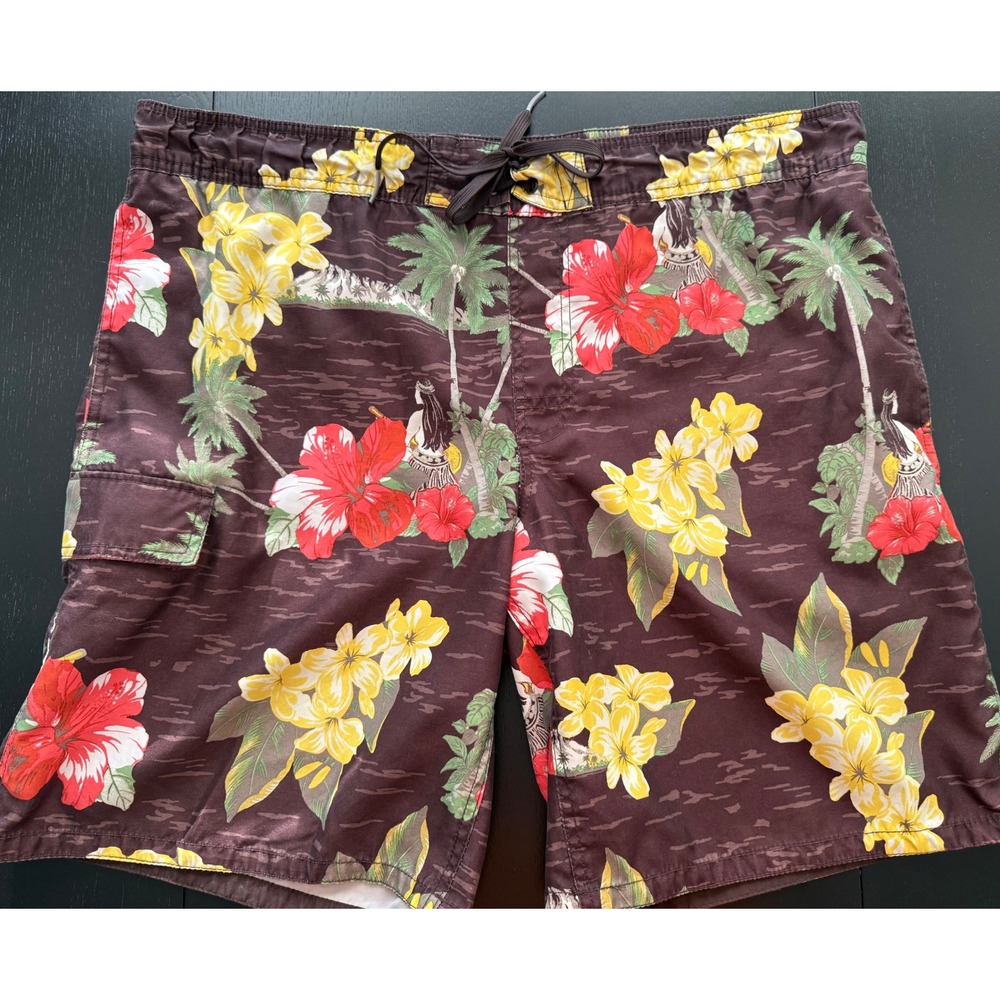 Mossimo Mens 9" Hawaiian Hula Girl Swimming Trunks L Brown Lined Board Shorts